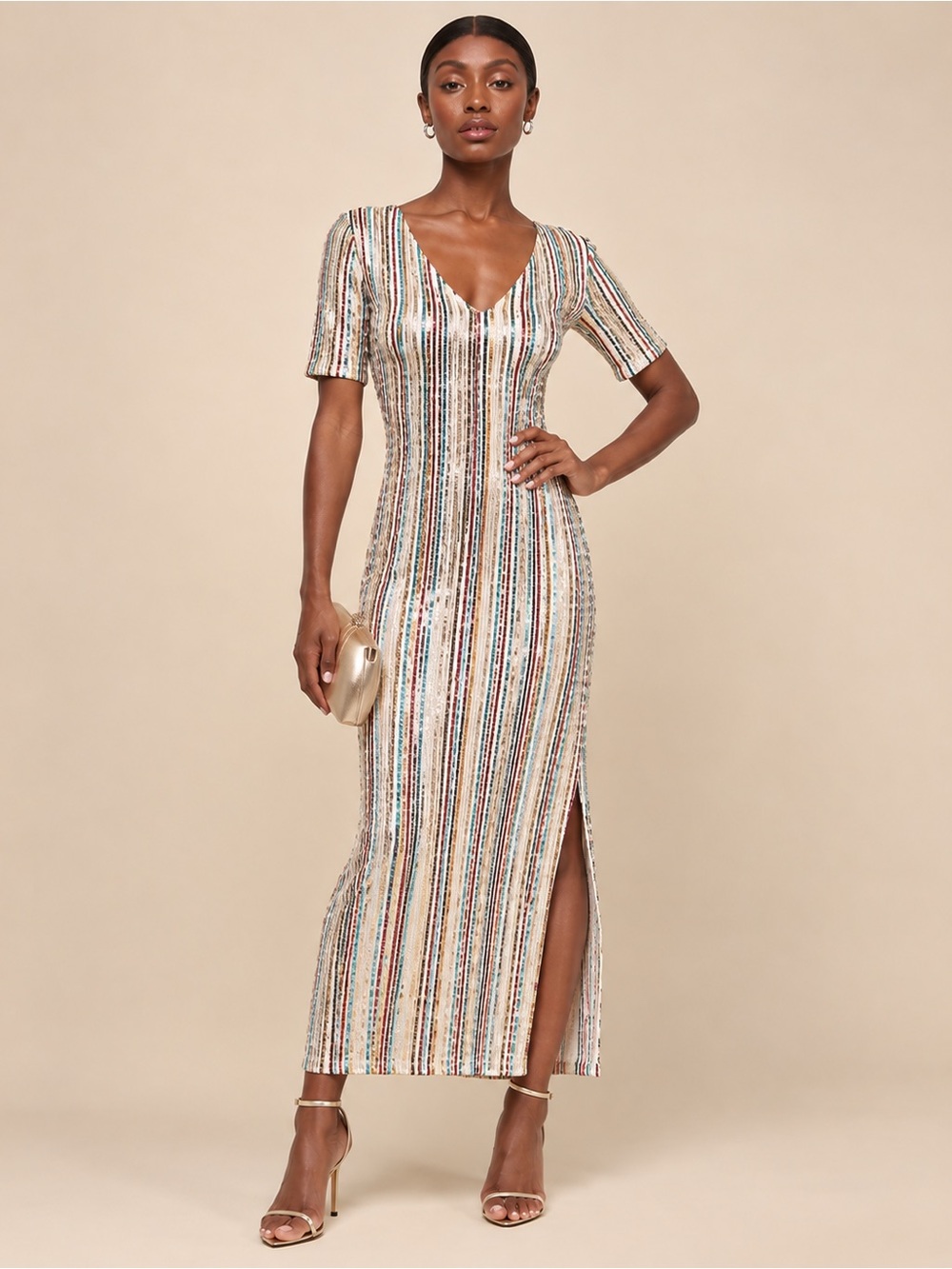 Piper & Scoot Colorful Rainbow Sequin Maxi Dress Slit L